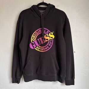 GUESS Men's Black Sweatshirt‎ Hoodie Purple Yellow Logo Size Medium EUC